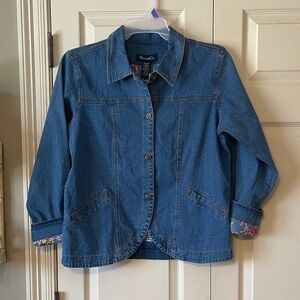 Denim&Co Blue Button-Up Jacket with Floral Cuffs size medium